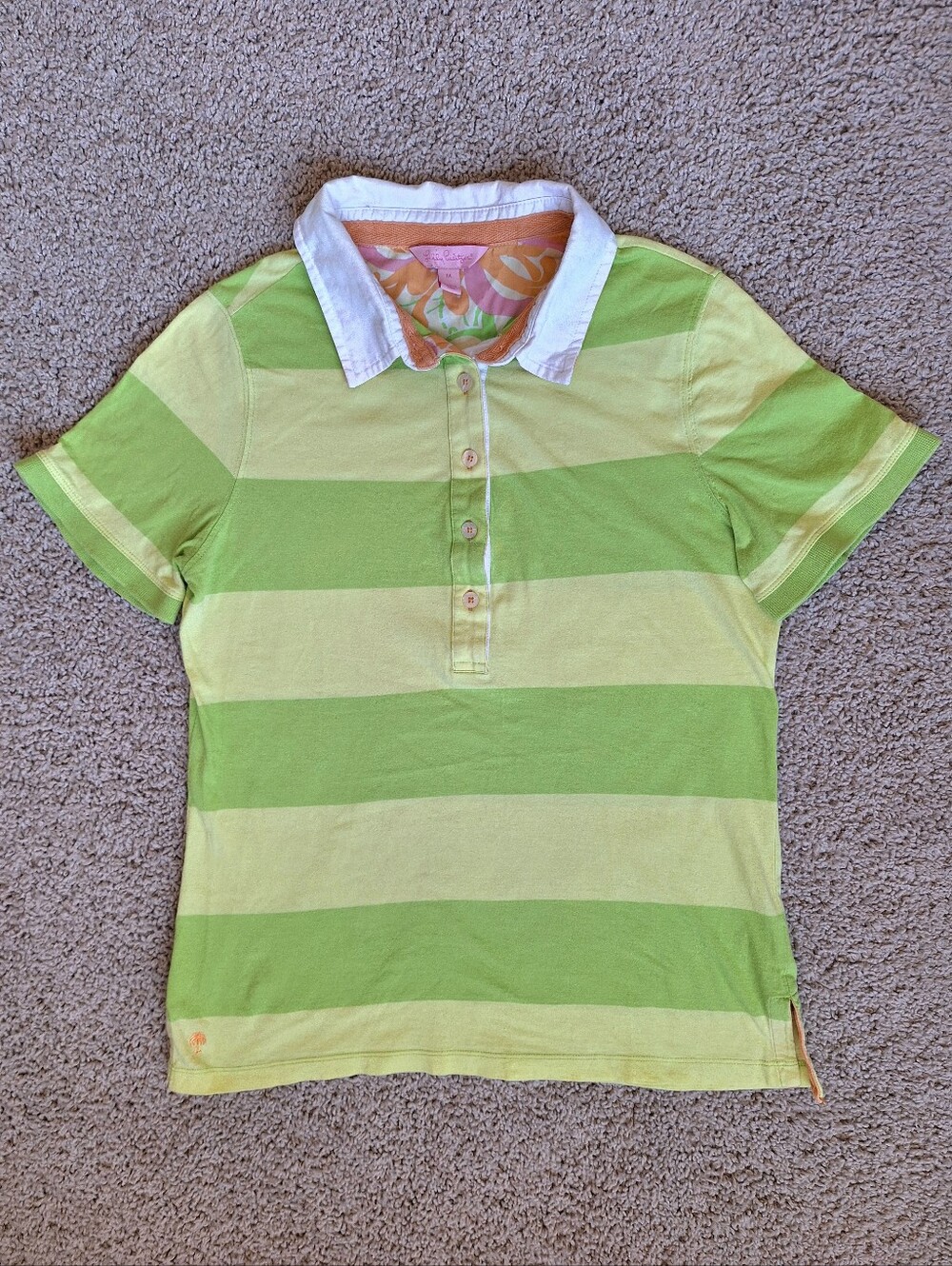 Lilly Pulitzer Green Yellow Striped Button Up Short Sleeved Polo Shirt Medium